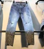 Women diamond Tassel Ankle -Length High Waist Jeans Pants female washed denim Flare pants