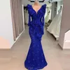 Gorgeous Royal Blue Mermaid Prom Dresses V Neck z długim rękawem Elegancki wieczór Formalne sukienki Sweep Pociąg Celebrity Party Dress