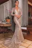 Modest Arabic Long Sleeve Mermaid Evening Dresses Sparkle Sequined Plunging Open Back Long Pageant Party Gowns Prom Dress Evening Wears