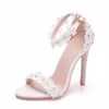 Sandales d'été dentelle blanche bride à la cheville sandale de mariage 11 cm talons hauts bout ouvert talon mince femme robe de soirée Shoes253A