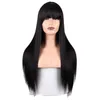 Długie czarne jedwabiste proste peruki pełne grzywki 180% gęstość japońskie włosy z błonnika syntetyczne Brak koronkowe peruki dla dzieci 24 cali dla mody dziewczyny