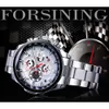 Forsining Top watch Brand Luxury Date Luminous Hands Complete Calendar Mens Automatic Watches Silver Stainless Steel Strap Wrist W308U