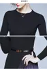 New design women's knitted o-neck long sleeve with belt sashes high waist patchwork chiffon gradient pleated midi long dress