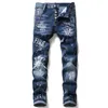 Jx0a More Badge Slim Fit Jeans Straight Leg Washed Fashion Designer Sreetwear Painted Biker Men's Pants Big Size 896