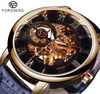 Forsining 3d Logo Design Hollow Engraving Black Gold Case Leather Skeleton Mechanical Watches Men Luxury Brand Heren Horloge LY191206