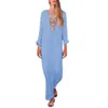 2019 Outono moda sexy mulheres soltas linho impresso manga completa em v-pescoço maxi vestido divisão hem baggy kaftan vestido longo Freeship n4