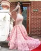 Luxury 2k17 Pink Long Sleeve Prom Dresses Sexy See Through Rose Flowers Open Back Mermaid Evening Gowns South African Formal Party Wear