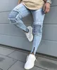 Mäns pläterade skinny biker jeans män mode rippade byxor dragkedjor dekor mode streetwear stretch jeans d30