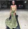 Long Sexy Illusion Sleeves Gold Applique Olive Mermaid Prom Dresses Arabic Dubai Satin Evening Formal Dress Robe De Soiree