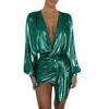 Col en v profond robe irrégulière à manches longues femmes Sexy robe Hip Up ruban froissé brillant métallique Mini robe soirée Vestido