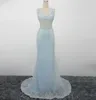 Sexy Light Sky Blue Evening Dresses Long Mermaid Prom Dress Illusion Sheer with lace Beading Long Evening Dresses