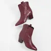 Burgundy Booties High Chunky Heels Pointed Toe Woman Slip On Large Size 11 15 For Ladies Mature Fashion Shoes Ankle Boots Shofoo