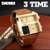 Stylish waterproof square shaped man watch reloj vintage comely watch Large Dial three time zone leather band Fastrack tactical for men