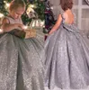 New Gray Sparkly Sequined Flower Girls Dresses Crew Neck Low Back A Line Toddler Gowns Pageant First Communion Wear BC2049