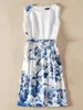 Vintage Kwiat Drukuj Kobiety A-Line Dress Round Neck Sukienki Bez rękawów z pasem