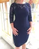 Dark Navy Lace Mother of the Bride Dresses Plus Size Knee Length 3/4 Long Sleeve Beaded Godmother Dress Wedding Guests Gowns