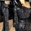 2020 Sequined Mermaid Evening Dresses With Feather Long Sleeve Formal Wear Prom Dress robe de soiree Side Split Sexy Party Gowns