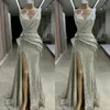 Sparkly 2020 Silver Sequined Mermaid Prom Dresses V Neck Side Split Evening Gowns Sweep Train Cheap Party Dress Vestido de fiesta