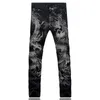 Sokotoo Herrenmode Drachen-Print-Jeans, männlich, farbige Zeichnung, bemalt, schmale Denim-Hosen, elastische schwarze lange Hose Y19072301