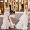 2020 Berta Wedding Dresses V Neck Appliqued Long Sleeves Lumbar Lace Bridal Gown Backless High Split Ruffle Sweep Train Robes De Mariée