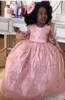 女の子のページェントのドレス女の子のガウン2019幼児の赤面ピンクの子供のボールガウンの床の長さGlitzフラワーガールドレスのためのウェディングレース