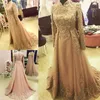 Elegant Overskirts Prom Klänning Långärmad Dubai Indisk Stil High Neck Evening Gown Muslimska Party Dresses Custom Made Pärlor Appliques