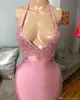 Sexy Nieuwe Collectie Roze Mermaid Prom Jurken 2020 Halter Neck Beads Appliques Dompelen V-hals Formele Avondjurk Partyjurken Ogstuff