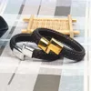 Por atacado preto genuíno couro pulseira pulseira de aço inoxidável fivela magnética pulseiras pulseiras homens e mulheres jóias