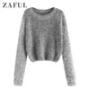 ZAFUL Pullover Fuzzy Heathered Sweater Fluffy Faux Fur Short Round Neck Elastic Daily Women Sweater Autumn Winter Pullovers Tops