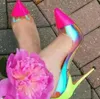 분홍색 뾰족한 명확한 PVC 펌프는 여자 네온 옐로우 혼합 색깔 하이힐에 미끄러짐 패치 워크 얕은 결혼식 신발