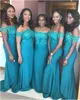 2020 Turquoise Navy Blue Lace Satin Mermaid Off Shoulder Bridesmaid Dresses Wedding Guest Maid of Honor Dress