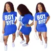 Mulheres Verão T-shirt D6906 vestido cor sólida solto Mini Saias de luxo Boy Bye Letras Imprimir O pescoço Vestidos Sports vestido de manga curta