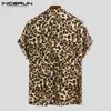 Summer Short Sleeve Leopard Print Shirt Shirt Lapel Neck Loose Button Up Blus Breattable Streetwear Sexy Shirts Men Incerun 2019