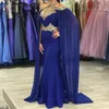 royal blue Muslim Evening Dresses 2020 High Neck Appliques Gold Lace Cape Chiffon Blue Prom Dresses Dubai Kaftan Formal Party Gown 2020