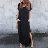 S-5XL Kobiety Summer Sukienki Ubrania Stylowe Sweter Maxi Dress A Rodzaj Dzianiny Długa Długa Sukienka Krótki Rękaw Backless Lady Clothing Pocket