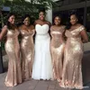 Glitzernde goldene Pailletten, günstige Meerjungfrau-Brautjungfernkleider, schulterfrei, rückenfrei, afrikanische Strandhochzeitskleider in Übergröße253T