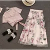 Floral Print Frauen T Shirt + Mesh Rock Anzüge Bowknot Vintage Zwei Stück Sets Elegante Frau Rock 2019 Sommer Mädchen tees Tops Weibliche1