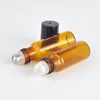 Portable 5ml 1/6oz MINI ROLL ON Glass bottle fragrance PERFUME Amber Brown THICK GLASS BOTTLES ESSENTIAL OIL Steel Metal Roller ball LX9106