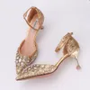 Woman Sandals Gold Fashion Sequins Buckle Strap Comfortable High Heels Crystal Bling 10cm 6cm Heel Princess Shoes Luxury Design S20326