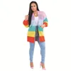 Rainbow Striped Casual Woolen Sweater Coat Full Sleeve Open Stitch Women Sweater Wide Waisted Length Coat Autumn Winter MOS-M875