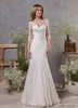 Nowa syrena koronkowa sukienki ślubne Abiti da sposa eleganckie trzy ćwierć rękawowe sukienki ślubne Sheer Illusion Neck Sukienka Vestidos de novia