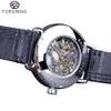 ForSining White Silver Watch OpenWork Clock Man Fashion Men039S Mechanical Watches Top Brand Luxury Black äkta läder Wate3144187