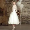 Vintage Lace Short Wedding Dresses V Neck 3/4 Long Sleeve Tea Length Bridal Gown Buttons Back A Line Wedding Gown AL5184
