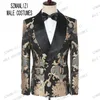 Ny 2019 Classic Golden Brodery Män Passar för Groom Tuxedos Kostym Homme Groomsmen Mens Bröllop Prom Passar Bästa Man Blazer