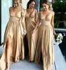 Billiga Blush Pink Country Bridesmaid Dresses Deep V Two Twaps Junior Maid of Honor Dress Enkel Baklösa Lång Slits Plus Size Prom Gown
