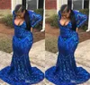 Plus Size Evening Dresses Deep V Neck Lace Sequins Appliqued Sweep Train Long Sleeve Prom Dress Royal Blue Mermaid Party Gowns Black Girl