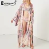 Everkaki kvinnor boho kimono rockar mode blommig tryckt jacka med ramar Bohemian löst bomull V-hals rosa kimono kvinnlig