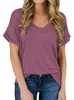 T-shirt da donna a maniche corte in cotone tinta unita con scollo a V, camicetta casual allentata da donna con tasca