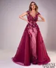 New Tony Chaaya Evening Dresses With Detachable Train Burgundy Beads Mermaid Prom Gowns Lace Applique Sleeveless Luxury Party Dres255N