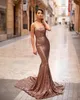 Gold Mermaid Sequined Backless Prom Dresses Spaghetti Straps Sleeveless Evening Gowns Plus Size Sweep Train Formal Dress